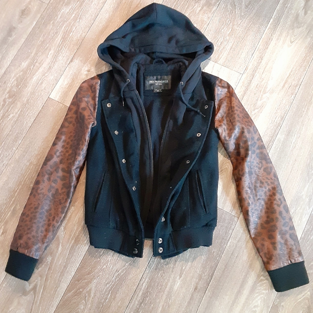 Obey jacket with leopard print sleeves